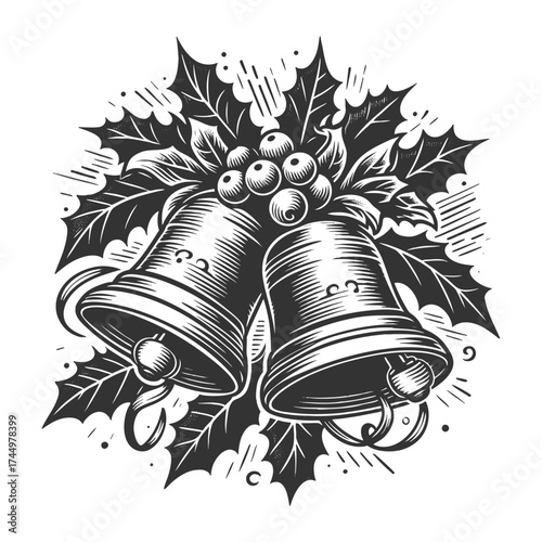 festive Christmas bells decorated with holly leaves, berries, and ribbon, symbolizing holiday cheer and celebration sketch engraving generative ai vector illustration. Scratch board. Black and white.