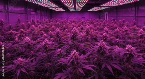 Rows of cannabis plants under LED lights in an indoor grow facility