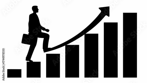 Business growth concept as confident man climbs bar chart with arrow, success and career progression ahead