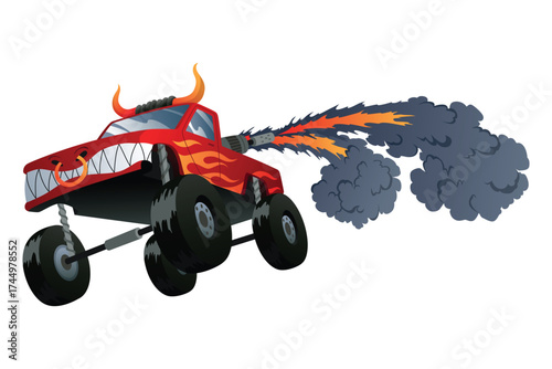 Jumping monster truck show. Bright colorful cartoon auto with big wheels. Car with large tires for rally 4x4 computer or mobile game. Vector cartoon illustration