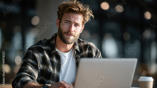 Young man smiling while working on laptop in office at night