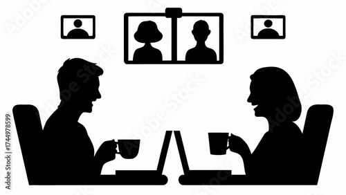 Team working remotely connecting through video conference, enjoying coffee, embracing modern communication methods