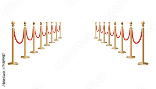 Barriers with red rope line. VIP zone, closed event restriction. Realistic image of golden poles with velvet rope. Isolated on white background