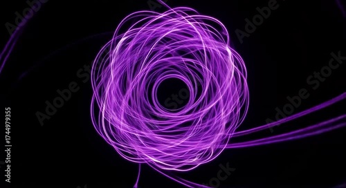 Abstract swirling purple light trails form an intricate glowing vortex on a dark background