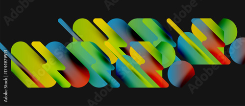 Abstract colorful shapes overlap, creating dynamic visual effect. Bright gradients suggest movement, depth. Black background emphasizes vibrant hues.
