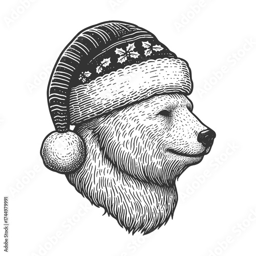 polar bear dressed in a red Santa Claus hat, combining festive holiday charm with wildlife artistry sketch engraving generative ai vector illustration. Scratch board imitation. Black and white image.