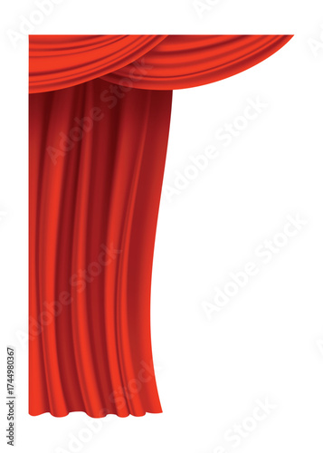 Red curtains realistic. Theater fabric silk decoration for movie cinema or opera hall. Curtains and draperies interior decoration object. Isolated on transparent for theater stage