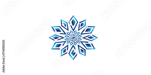 Print  Abstract diamond shapes arranged in mandala form, 3D vector illusion, metallic blue gradient finish.