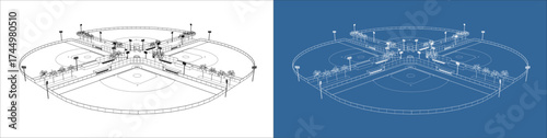 Vector technical drawing of a clover-shaped baseball field complex in isometric view