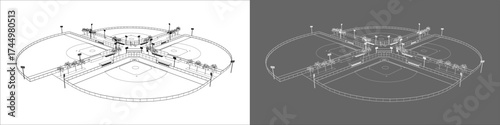 Vector line drawing of a clover-shaped baseball complex