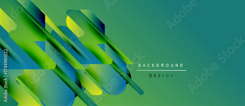 Abstract geometric shapes overlap, creating dynamic gradients. Vivid greens, blues, yellows form modern background design. Smooth transitions present visual interest.