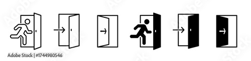 Exit door icon set. Evacuation,  emergency exit symbol. Vector illustration. 