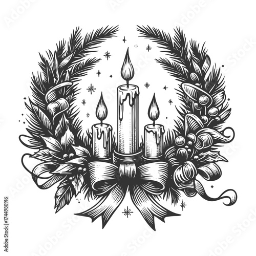 Christmas wreath with three burning candles, decorative bow, pine branches, and holiday ornaments sketch engraving generative ai vector illustration. Scratch board imitation. Black and white image.