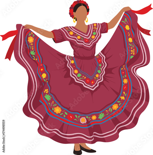 Mexican woman in traditional Jalisco dress dancing gracefully isolated on transparent background