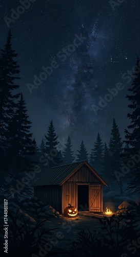 Spooky Halloween Cabin in the Woods at Night.