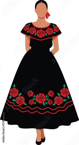 Elegant Mexican woman in black traditional dress with red rose embroidery isolated