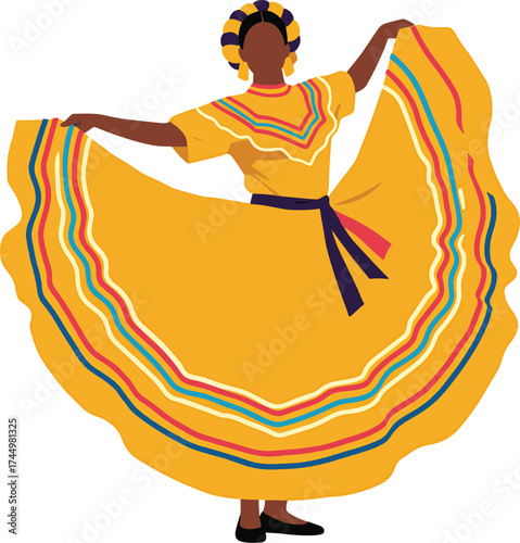 Mexican folkloric dancer in yellow traditional dress isolated on transparent background