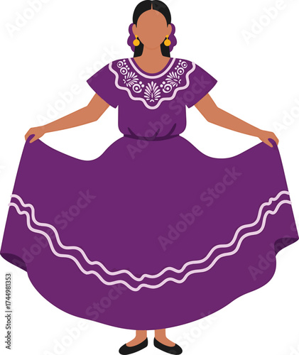Mexican woman in purple folkloric traditional dress isolated on transparent background