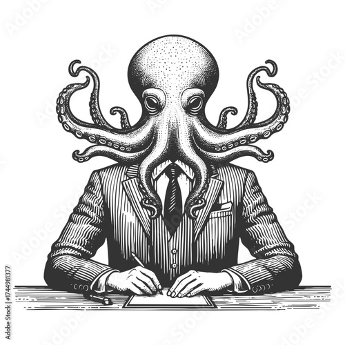 man in a suit with an octopus head, symbolizing multitasking, creativity, and complex thinking sketch engraving generative ai fictional character vector illustration. Scratch board. Black and white.