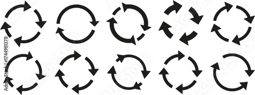 Vector art of collection of circular arrow icons, each representing a cycle, rotation, or process with different arrow styles