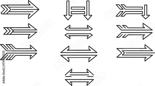 Vector art of collection of nine arrow icons, representing direction, navigation, and movement in a minimalist design
