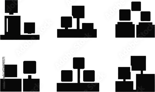 Vector art of different arrangement of cubes, showcasing various configurations and spatial relationships in a minimalist design