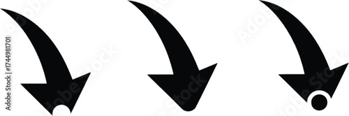 Vector art of three black curved arrows pointing down, symbolizing direction, navigation, or download in a minimalist design
