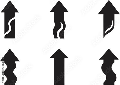 Vector art of six black upward arrows with wavy lines, suggesting growth, progress, or energy in a dynamic design