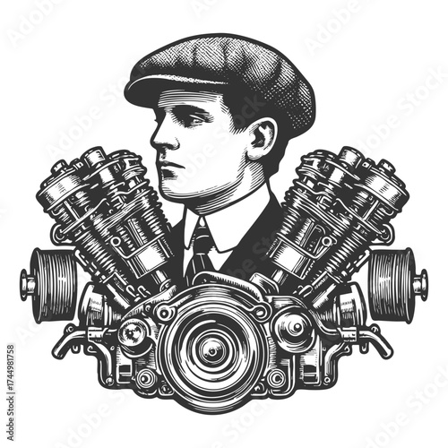 man in flat cap surrounded by mechanical engine parts, symbolizing craftsmanship, mechanics, and industrial power sketch engraving generative ai fictional character vector illustration. Scratch board