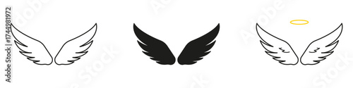 Fantasy Feather Angel Wings Line And Solid Icon Set. Dynamic Sacred Symbols With Halo And Ascension Motifs For Magical Celestial Themes. Symbol Collection. Isolated Vector Illustration