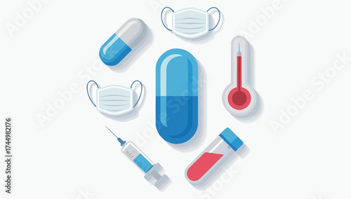 Medical supplies collection featuring pills masks syringe thermometer and test tubes for health