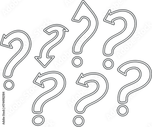 Vector art of a group of question marks with arrows, representing uncertainty, confusion, or the need for answers in various directions