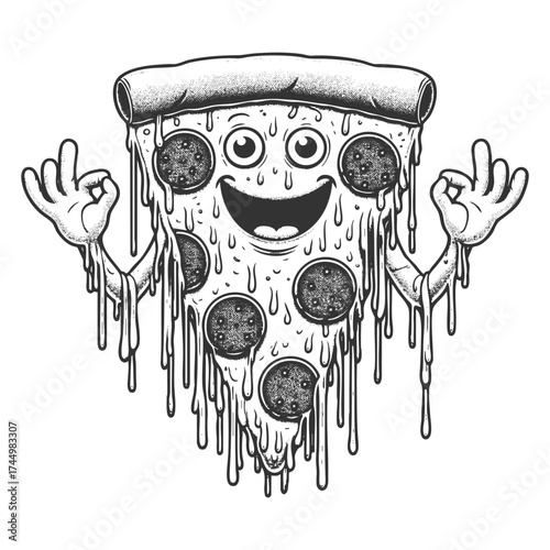 happy, melting pizza slice with pepperoni and hands making the OK gesture, symbolizing fun and taste sketch engraving generative ai vector illustration. Scratch board imitation. Black and white image.