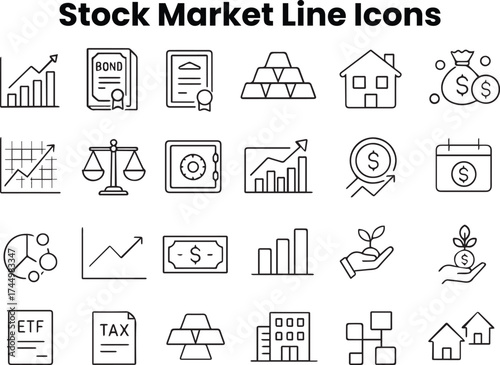 Line icons comparing crypto and stock trading — coins, charts, digital assets, and market indicators for fintech design
