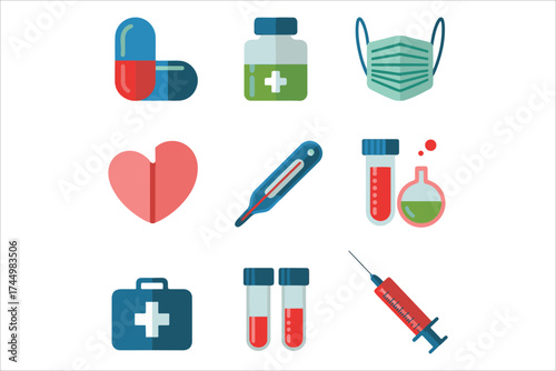 Medical icons collection featuring pills masks thermometer heart blood test syringe first aid