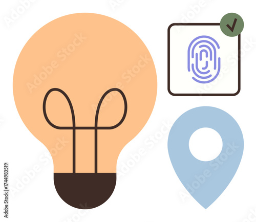 Lightbulb symbolizing ideas, fingerprint ID for security, and location pin for navigation. Ideal for tech, creativity, innovation, identity, security navigation solution. Simple flat metaphor