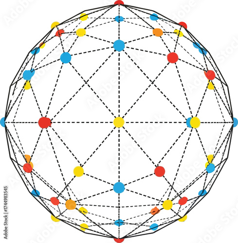 Abstract geometric sphere with interconnected nodes and colorful dots representing network connections