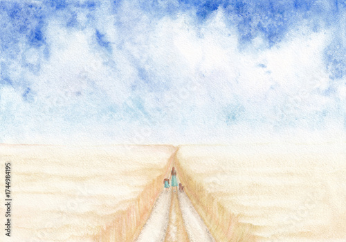 Rural nature landscape woman, daughter and dog walk path in wheat field on summer sunny day beautiful cloudy air sky watercolor painting