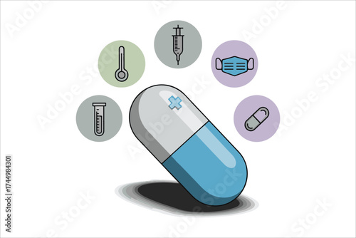 Medical capsule surrounded by icons of surgical tools and implants symbolizing advanced healthcare and treatment
