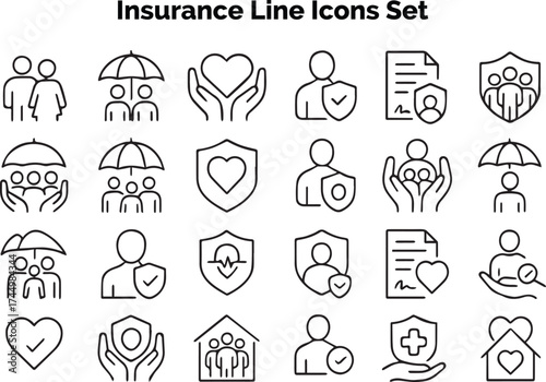 Clean line vector icons for car, motorbike, and vehicle insurance, claims, accidents, and protection coverage