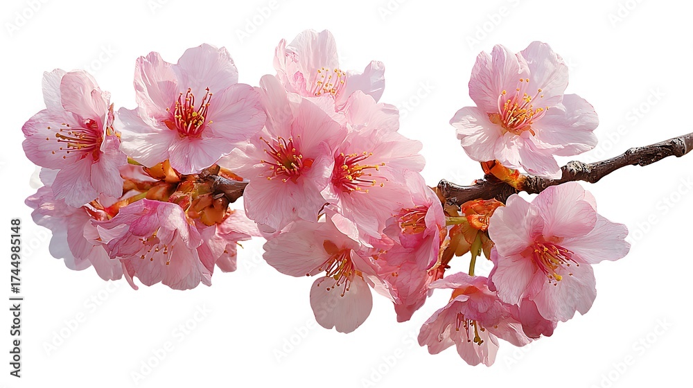 Fototapeta premium Delicate Pink Cherry Blossoms in Full Bloom on a Branch Isolated on White