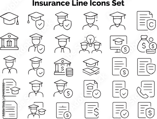 Line icons for student insurance, education protection, and policy coverage for tuition and abroad study