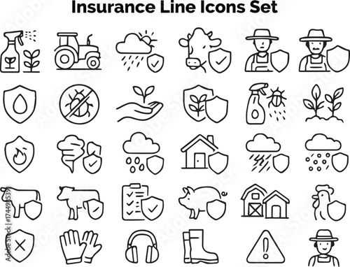 Line icons for insurance claim processing, customer support, service, and assistance.
