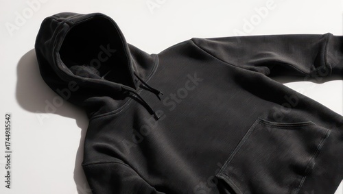A close-up shot of a dark gray hooded sweatshirt laying on a white background