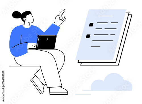 Woman in blue holding laptop, pointing towards checklist with tasks, prioritization, and evaluation. Ideal for workflow, productivity, organization, education management planning learning. Simple