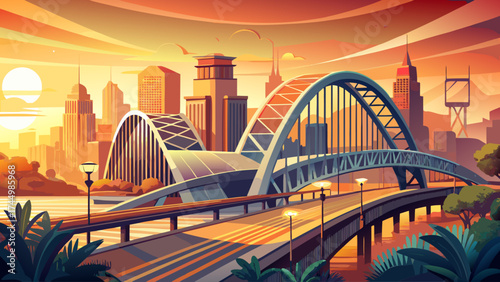 Very beautiful Architectural marvel A modern bridge bathed in the golden light of sunrisesunset evokes progress, connectivity and urban development. Ideal for business, travel 