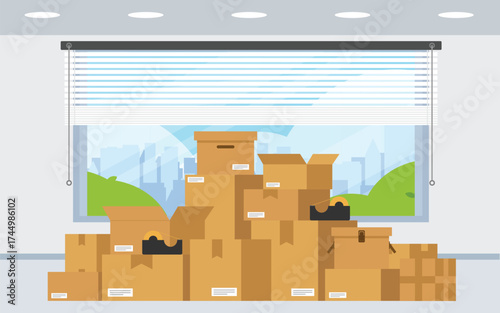 Room filled with stacked cardboard moving boxes containers.