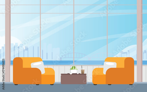 Modern office waiting area with sofa and large windows overlooking city skyscrapers.