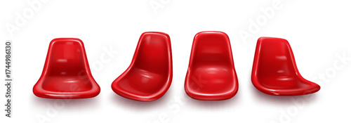 Red stadium seats set isolated on white background. Vector realistic illustration of 3D plastic chair front and side view, bleacher armchair for match spectators comfort, sports arena design element