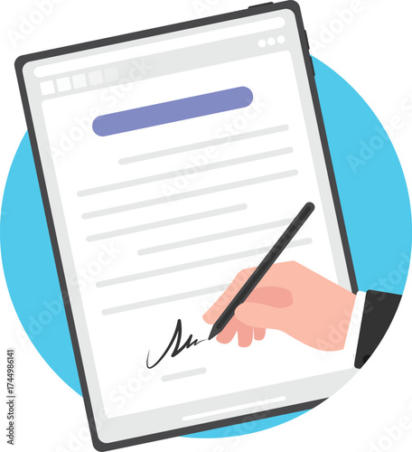 Close-up of a hand signing a digital document on a tablet screen.